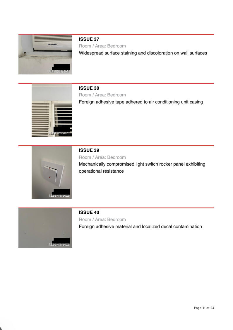 Property handover inspection report sample showing cosmetic defect logging in a Hong Kong apartment.